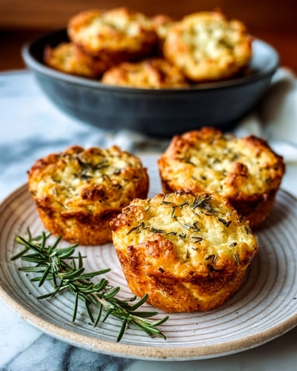 The image shows three savory muffins placed closely on a white, round plate with a simple pattern. Each muffin has a golden-brown top sprinkled with small green herb pieces, creating a textured surface with a crispy look. The muffins have a slightly rough edge with a light brown crust around the bottom. Behind the plate, there is a blurred dark bowl filled with more of these muffins, sitting on a white marbled surface. A small sprig of fresh rosemary is placed in front of the muffins on the plate. A woman's hand is holding the plate gently from the left side. The overall scene is warm and cozy with soft natural lighting. Photo taken with an iphone --ar 4:5 --v 7