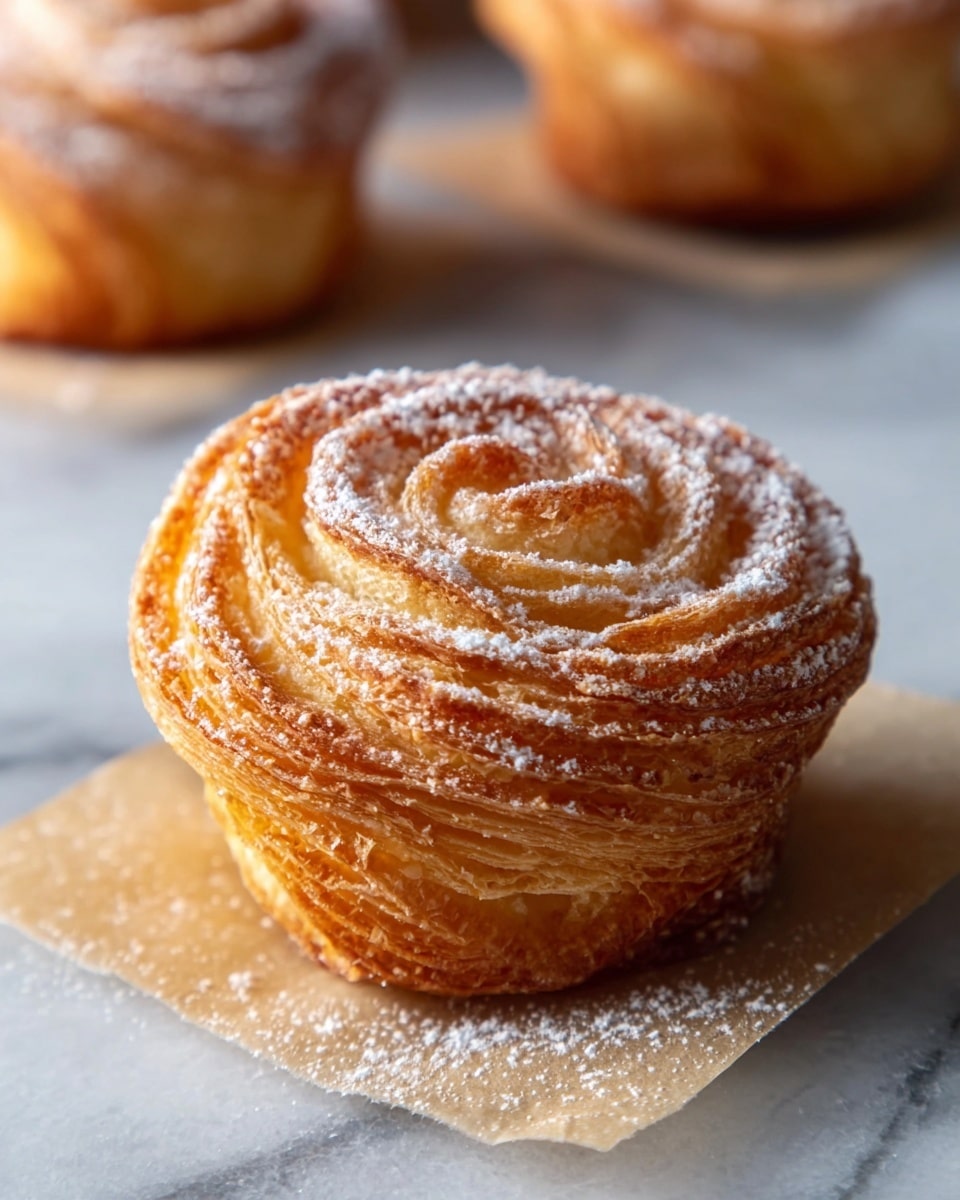 A single round pastry with many thin, golden-brown layers spiraled tightly together, creating a flaky and crispy texture. It is lightly dusted with white powdered sugar that adds a soft contrast on the top ridges. The pastry sits on a piece of parchment paper, placed on a white marbled surface. In the background, other similar pastries are blurred, making the main pastry the focus. The lighting highlights the texture and layers well. photo taken with an iphone --ar 4:5 --v 7