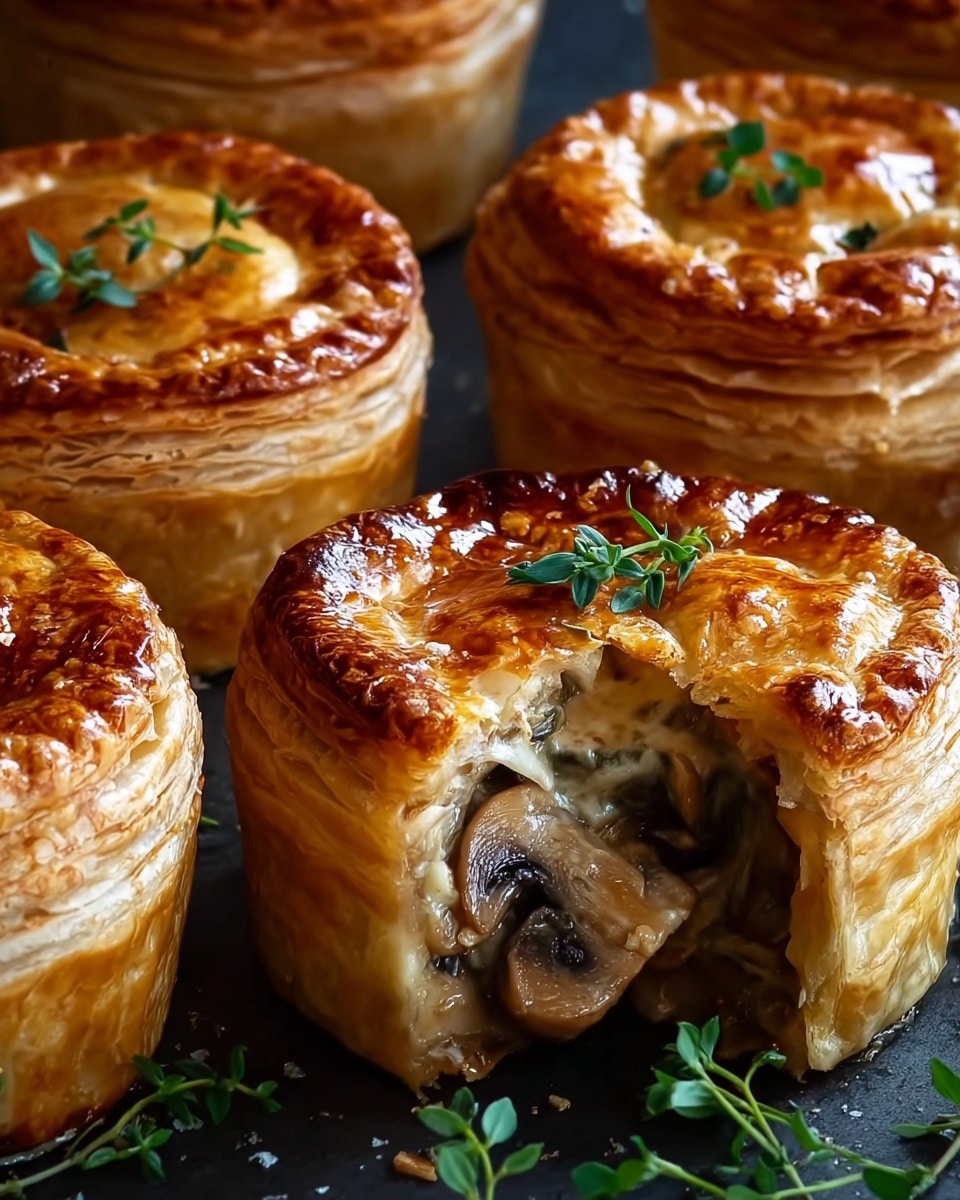 The image shows several golden brown puff pastry pies arranged closely together. Each pie has a flaky, layered crust with a shiny, crisp surface and some small green herb leaves on top for garnish. One pie is cut open, revealing a creamy filling with visible slices of cooked mushrooms inside. The crust around the cut pie reveals multiple thin layers, showing a light, airy texture. The pies are placed on a dark surface with a few sprigs of fresh green herbs scattered nearby. Photo taken with an iphone --ar 4:5 --v 7