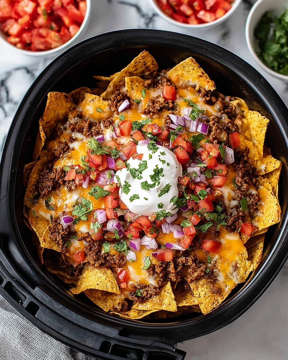 A black square container filled with one layer of yellow, crispy tortilla chips standing upright around the edge, topped with a thick layer of cooked ground meat with a crumbly texture. Over the meat, there is a layer of melted white and orange cheese that covers the chips and meat unevenly. On top, a mix of small red diced tomatoes and purple onion pieces is scattered, along with chopped green cilantro leaves. In the center, a smooth dollop of white sour cream garnished with cilantro sits prominently. The container is placed on a white marbled surface with some cilantro leaves scattered around. photo taken with an iphone --ar 4:5 --v 7