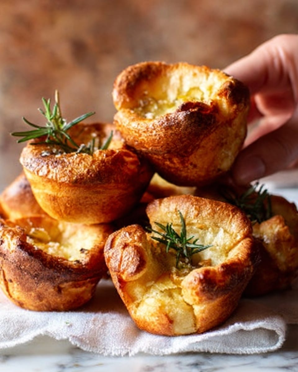 The image shows a close-up of a golden-brown baked bread roll with a crispy, shiny top that is uneven and bubbled in texture. The bread has a light, soft inside visible through small holes, while the edges are darker and caramelized. On top, there is a sprinkle of coarse salt and chopped green herbs scattered unevenly. In the middle, a small green sprig of rosemary stands upright, adding contrast to the warm colors of the bread. The bread rolls are positioned closely together on a wooden tray, and the background is softly blurred with green leaves in the back, all set on a white marbled surface. photo taken with an iphone --ar 4:5 --v 7