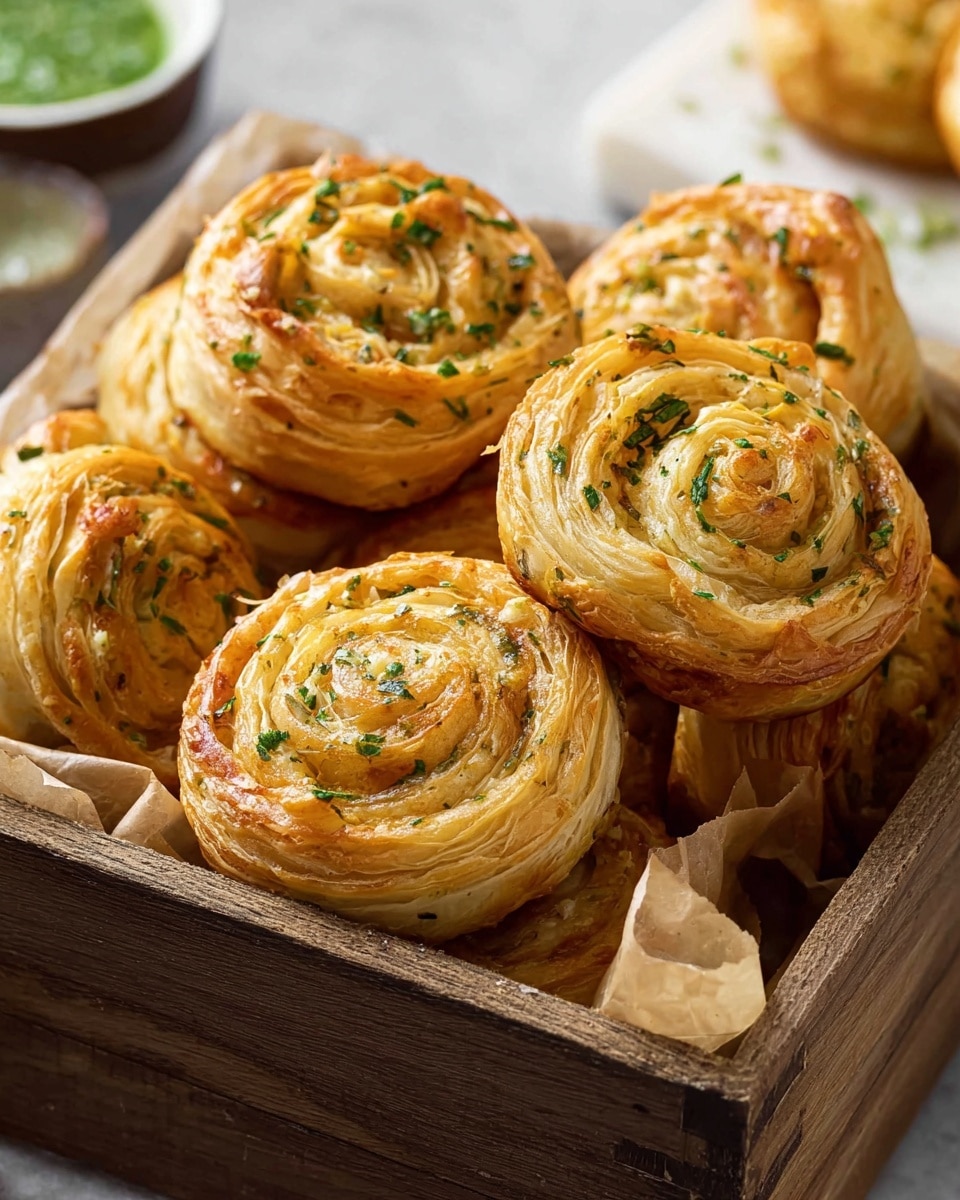 The image shows a group of round, spiral-shaped baked pastries arranged on a white marbled surface. Each pastry has multiple layers of golden-brown, flaky dough with visible swirls that create a textured, airy look. The tops are sprinkled lightly with chopped green herbs. One pastry is cut in half, revealing its soft, layered inside. A small white bowl filled with melted butter sits near the pastries. A woman's hand is holding one pastry delicately. The overall setting is bright and warm, highlighting the crispness and detail of the pastries. photo taken with an iphone --ar 4:5 --v 7