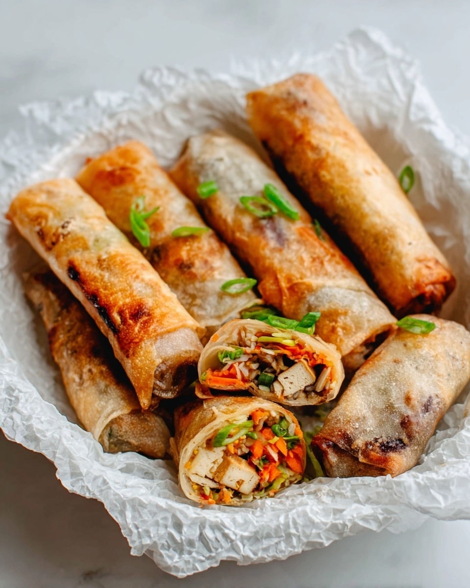 The image shows a white bowl filled with six fresh spring rolls resting on crumpled white paper. Four whole rolls are placed side by side, revealing a light, crispy, slightly toasted brown outer wrapper with a hint of texture from frying. Two rolls are cut open, showing colorful layers inside: bright orange shredded carrots, green leafy vegetables, some thin pale yellow strands, and a few light brown tofu pieces. Tiny green onion slices are sprinkled over the rolls for garnish. The setup is on a smooth white marbled surface. photo taken with an iphone --ar 4:5 --v 7