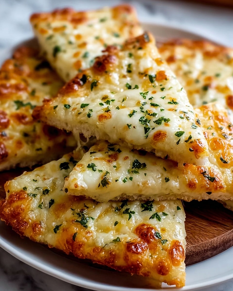 A close-up of several slices of cheesy pizza stacked on a wooden board placed on a white plate, each slice showing a golden brown crust with melted cheese that is creamy white with bubbly, lightly browned spots; the cheese is sprinkled with finely chopped green herbs, and the texture looks gooey and stretchy in some areas where slices overlap, all set against a white marbled texture background, photo taken with an iphone --ar 4:5 --v 7