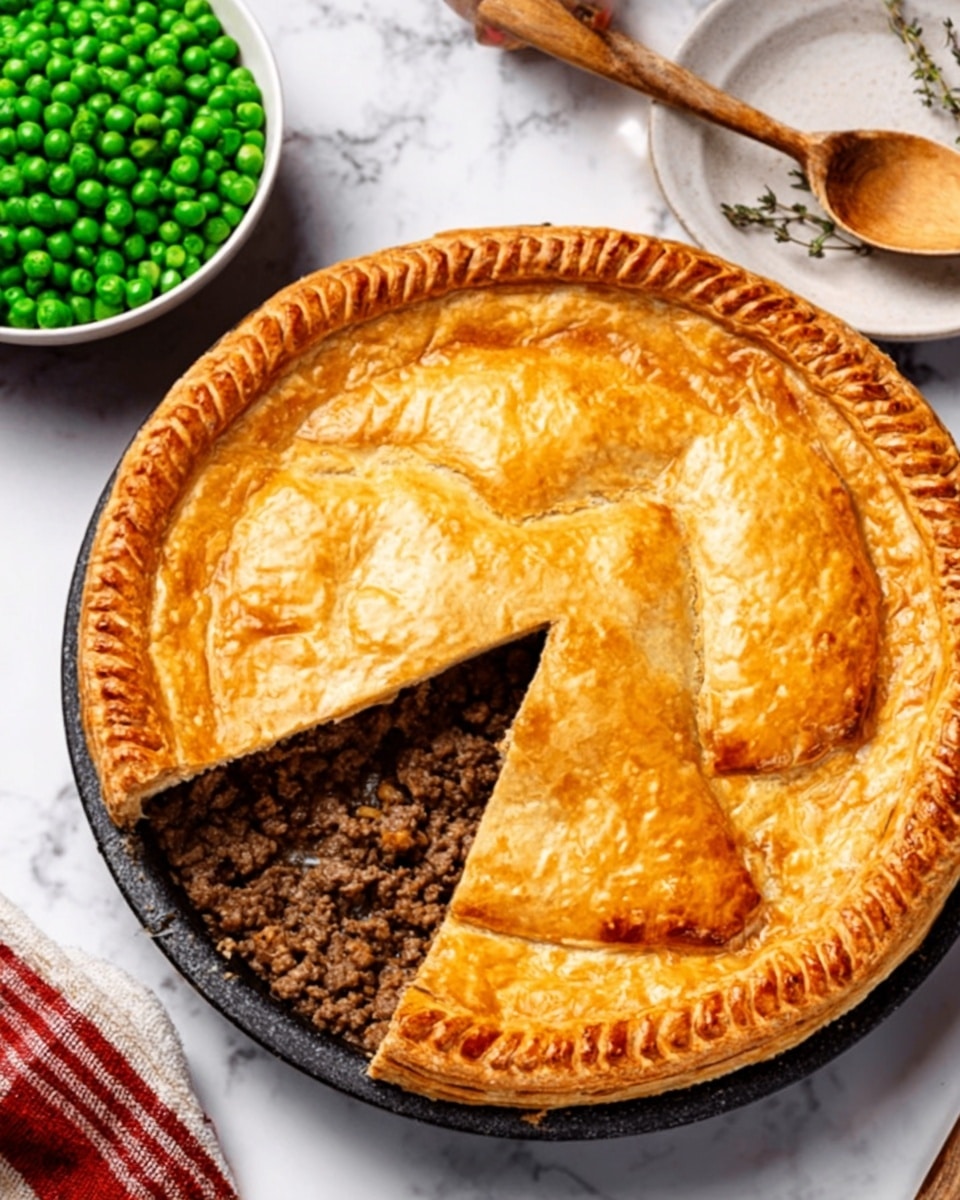 The image shows a round savory pie with a golden brown, shiny crust that has a braided edge. One slice is cut and slightly lifted, revealing a thick layer of cooked ground meat inside with a crumbly texture and brown color. The pie is in a black pan placed on a white marbled surface. To the top left of the pie, there is a white bowl filled with bright green peas. A woman's hand is holding a wooden spoon near the bowl. Photo taken with an iphone --ar 4:5 --v 7