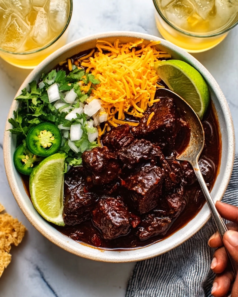 The image shows a white bowl filled with a dark, glossy stew made of beef chunks, which are thick and richly cooked, sitting in a deep brown sauce. On the left side of the bowl, there are layers of finely shredded orange cheese, small white onion pieces, bright green sliced jalapeños, and fresh green cilantro leaves, each arranged in neat sections. A wedge of lime rests on the edge of the bowl. There is a woman's hand holding a silver spoon inside the bowl, ready to scoop the stew. Next to the bowl, there is a glass of light yellow drink with a lime wedge on its rim, and a white marbled surface underneath everything. photo taken with an iphone --ar 4:5 --v 7