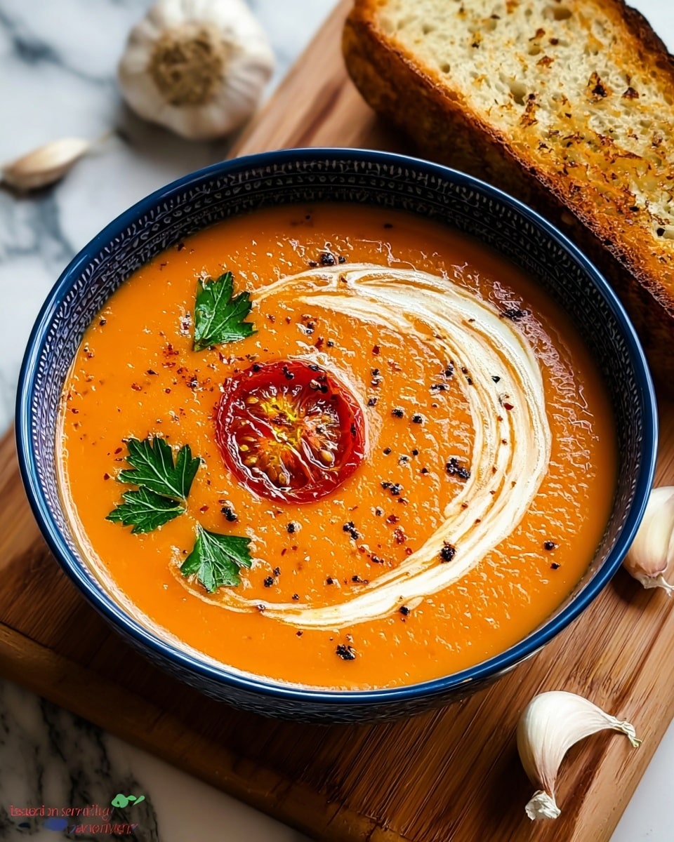 A blue bowl filled with bright orange creamy soup with a smooth texture, topped with a swirl of white cream on the right side, a charred red tomato slice near the bottom center, and two green parsley leaves placed above and near the tomato. Black pepper bits are sprinkled on the soup's surface. The bowl sits on a wooden board next to a piece of toasted bread on the right and some garlic cloves on the left, all on a white marbled background. photo taken with an iphone --ar 4:5 --v 7