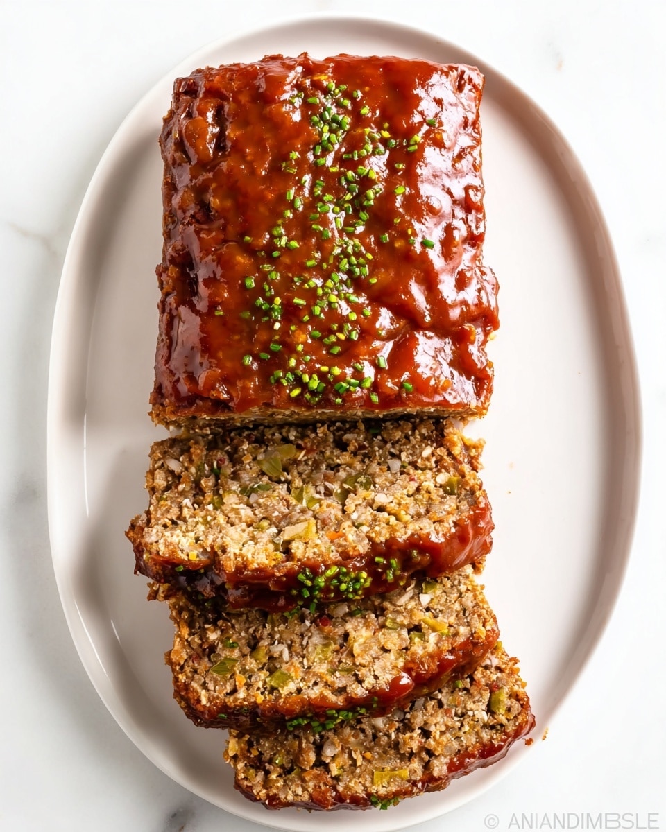 The image shows a rectangular meatloaf on a white plate with five slices, two of which are laid flat in front. The meatloaf has a rich brown sauce glaze evenly spread on top, sprinkled with small green herbs. The meatloaf texture is coarse with visible small bits of vegetables and grains throughout, revealing an inner brownish color with mixed textures. The plate rests on a white marbled surface. Photo taken with an iphone --ar 4:5 --v 7