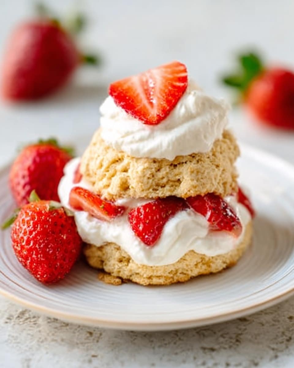 A shortcake dessert is shown with two layers: the bottom layer is a golden-brown biscuit with a rough texture, topped by bright red sliced strawberries and a thick layer of white cream, then covered with the top biscuit layer. Additional strawberry slices are placed around the base on a white plate. In the background, another shortcake is on a white ridged pedestal, topped with more cream and strawberries. Whole strawberries lie nearby on a white marbled surface, with a silver fork to the right and a white colander filled with strawberries in the top left corner. photo taken with an iphone --ar 4:5 --v 7