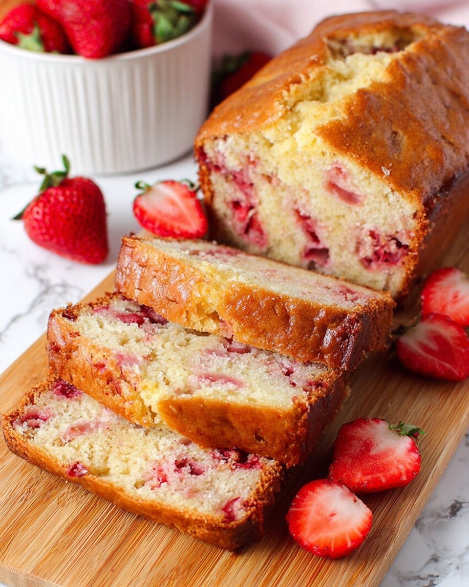 A loaf of golden-brown strawberry bread is sliced into four thick pieces and placed on a light wooden board. The bread has a soft texture with visible chunks of red strawberries spread throughout each slice. Whole and halved fresh strawberries are arranged casually around the bread, adding bright red and green colors. The crust is slightly darker and has a shiny, baked surface, while the inside looks moist and dense with mixed strawberry pieces in light yellow bread. The image background has been changed to a white marbled texture. photo taken with an iphone --ar 4:5 --v 7