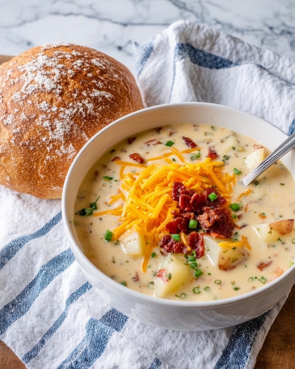 A white bowl filled with chunky creamy potato soup showing soft, pale potato pieces mixed in a thick off-white broth with small bits of bacon and herbs. On top, a neat heap of bright orange shredded cheddar cheese and small crispy dark red bacon pieces sit beside a few small green onion slices. A silver spoon rests inside the bowl with some soup on it. Next to the bowl is a round loaf of bread with a golden, slightly cracked crust dusted with flour. In the background, there is a white cloth with blue stripes on a white marbled surface. Photo taken with an iphone --ar 4:5 --v 7
