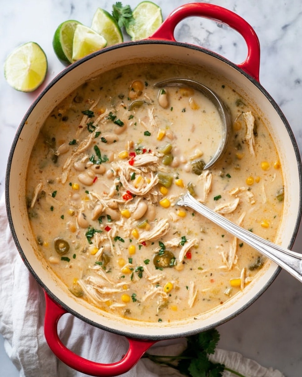 The image shows a creamy chicken soup in a round white pot with bright red handles, placed on a white marbled surface. The soup has shredded chicken pieces mixed with yellow corn, green chopped peppers, and white beans, all in a thick light beige broth. A large silver ladle is partly dipped into the soup on the right side of the pot. Around the pot, there are fresh lime wedges and green herbs, along with a white cloth napkin casually placed nearby. The overall look is warm and comforting. photo taken with an iphone --ar 4:5 --v 7