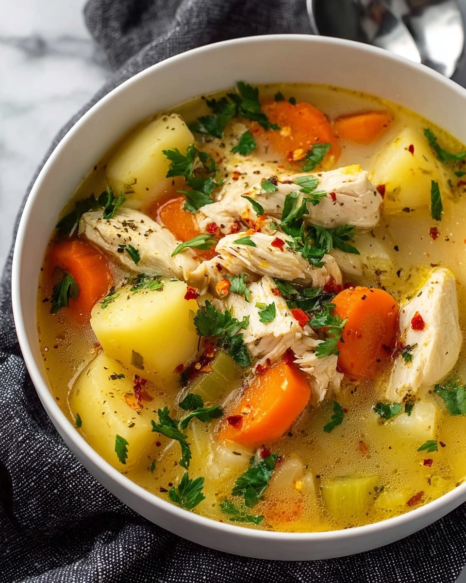 A white bowl filled with chicken soup showing three main layers: large chunks of white chicken pieces on the top with some red pepper flakes and green parsley leaves sprinkled around, beneath that are round orange carrot slices and pale yellow potato chunks mixed with light green celery pieces, all sitting in a clear golden-yellow broth with small herbs floating. The bowl is placed on a dark textured cloth on a white marbled surface. photo taken with an iphone --ar 4:5 --v 7