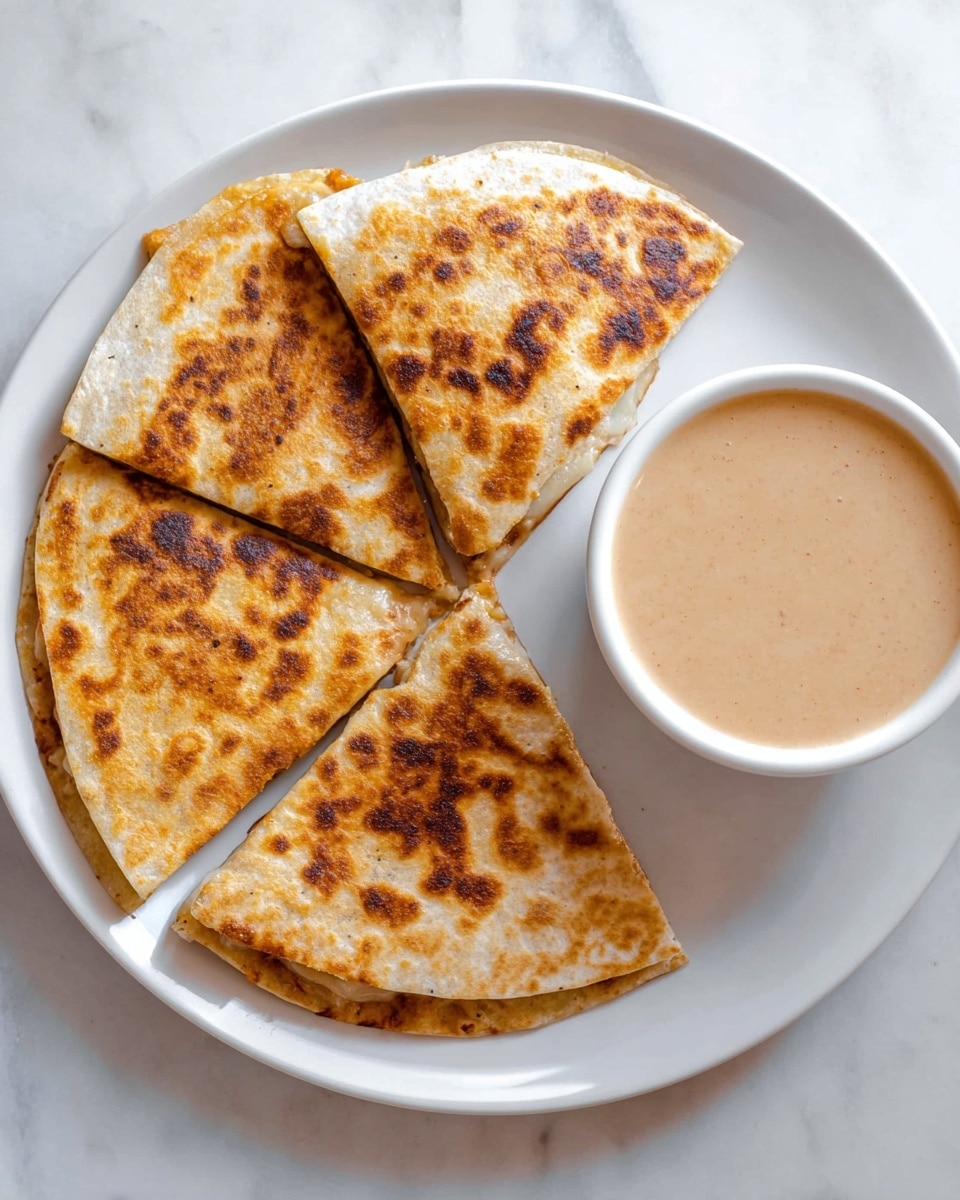 A white plate holds a quesadilla cut into four triangular pieces, showing a crisp, golden-brown top layer with some darker brown spots typical of toasted tortillas. The quesadilla looks thick, suggesting multiple layers inside, with a hint of melted cheese and other fillings peeking slightly from the cut edges. On the right side of the plate, there is a small white bowl filled with a creamy sauce with a light brown color and smooth texture. The plate is placed on a white marbled surface. photo taken with an iphone --ar 4:5 --v 7