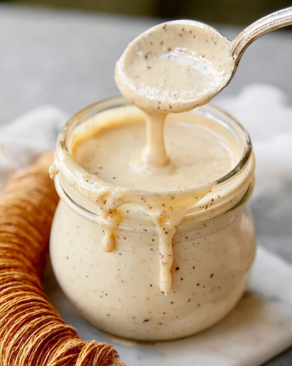 A close-up photo of a small glass jar filled with creamy light beige sauce with small specks of black pepper, the jar rim is stained with sauce drips. Surrounding the jar are pieces of grilled chicken with a dark brown crispy char and juicy texture, resting on a white marbled surface. Photo taken with an iphone --ar 4:5 --v 7