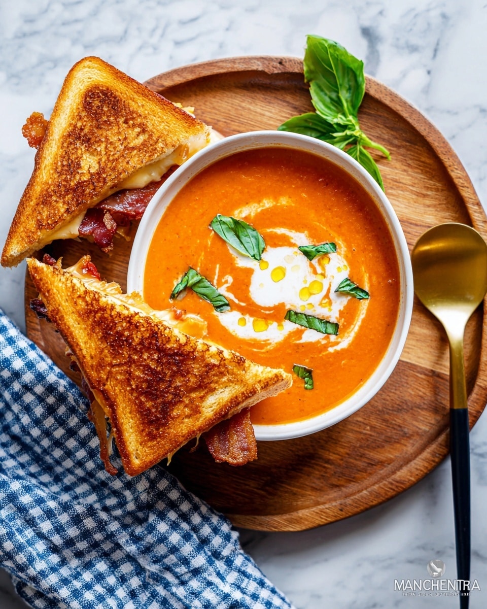 A white bowl filled with creamy orange tomato soup topped with swirls of white cream and a drizzle of golden oil, sprinkled with black pepper. Two fresh green basil leaves rest on the soup near the bowl’s edge. A toasted sandwich with golden brown bread and crispy bacon sticks out of the bowl, placed on a wooden board. Part of the sandwich shows melty cheese and more bacon inside. The background is a white marbled surface with a black and white checkered cloth in the lower left corner and a golden spoon on the right. Photo taken with an iphone --ar 4:5 --v 7