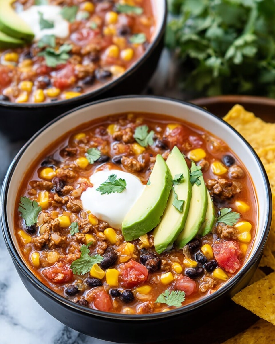 A large white pot filled with a thick soup showing many layers and textures, starting with a base of orange broth mixed with melted cheese, small black beans, yellow corn kernels, and bits of red and green vegetables. The soup’s surface has melted cheese strings and small green herb pieces scattered all over. A silver spoon rests inside the pot on the right side, and a wedge of lime is placed partially submerged near the top edge. The pot is placed on a white marbled surface. photo taken with an iphone --ar 4:5 --v 7