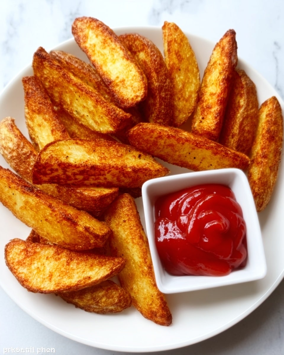 The image shows a white plate filled with thick potato wedges that are golden brown with a crispy, slightly rough texture, arranged neatly around the edges of the plate. In the top right corner of the plate, there is a small square white bowl filled with bright red ketchup, smooth in texture. The plate rests on a white marbled surface. Photo taken with an iphone --ar 4:5 --v 7
