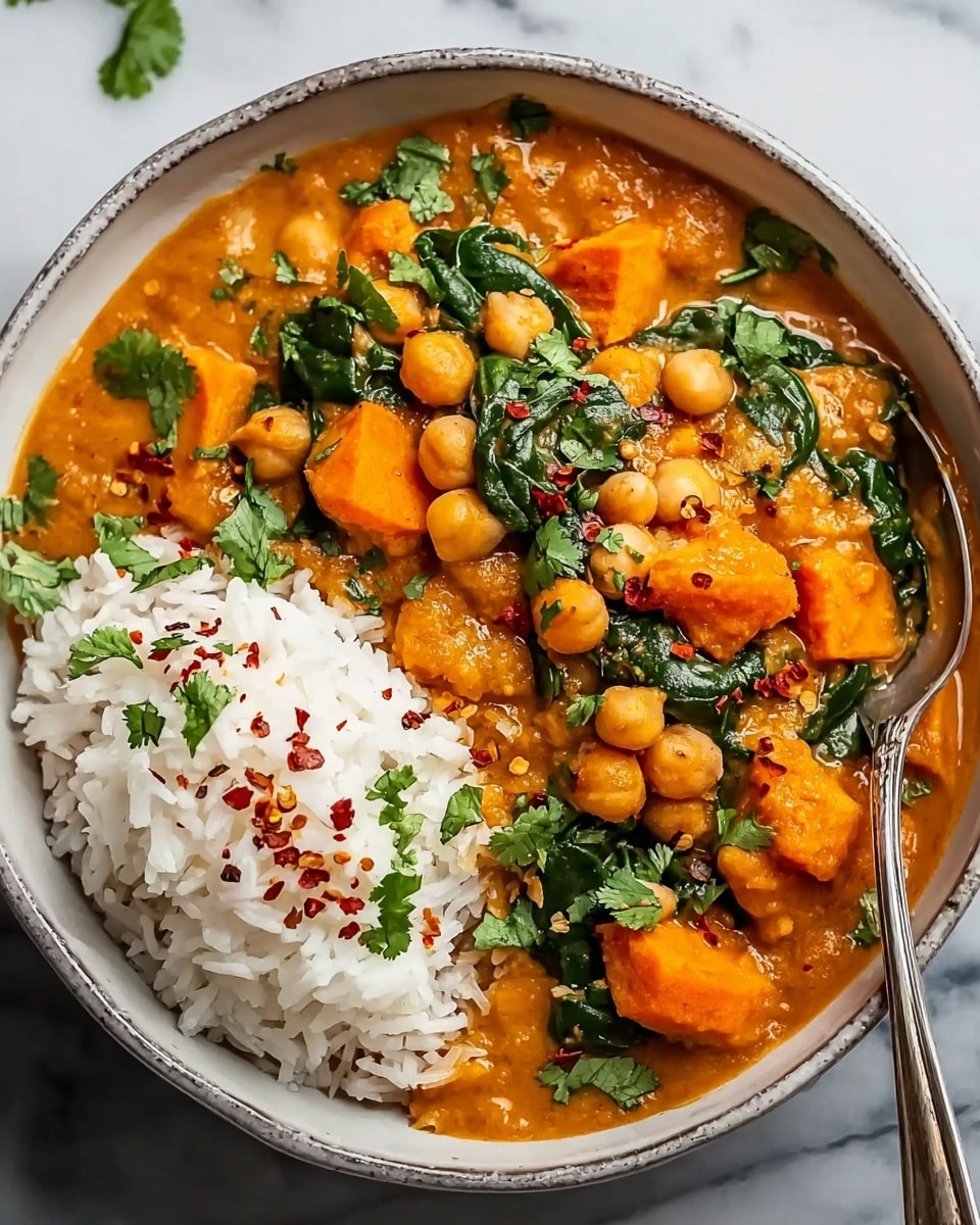 A bowl with two main layers, one side filled with fluffy white rice with soft grain texture, and the other side holding a thick orange curry with chunks of soft sweet potatoes and whole chickpeas mixed in, topped with bright green chopped cilantro and a dollop of white yogurt sauce sprinkled with red chili flakes, all resting on a white marbled surface. photo taken with an iphone --ar 4:5 --v 7