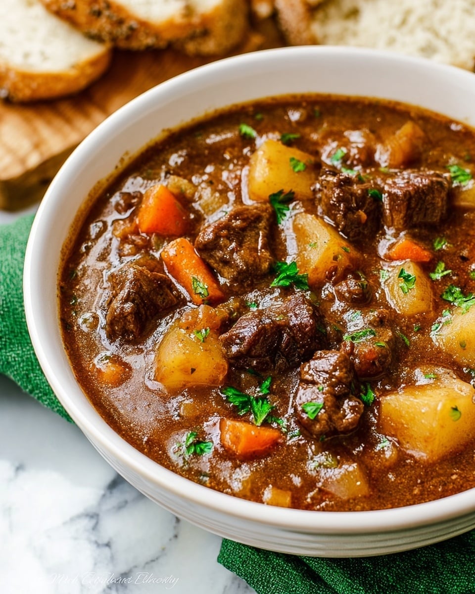 A white bowl filled with thick beef stew showing three main layers: tender brown beef chunks spread evenly throughout, soft yellowish potato cubes mixed in, and bright orange carrot slices placed on top and within, all covered in a rich brown gravy with visible small bits of herbs and spices. Small green parsley leaves are scattered on the surface. The bowl sits on a wooden board with a folded green cloth on the side, all against a white marbled background. photo taken with an iphone --ar 4:5 --v 7