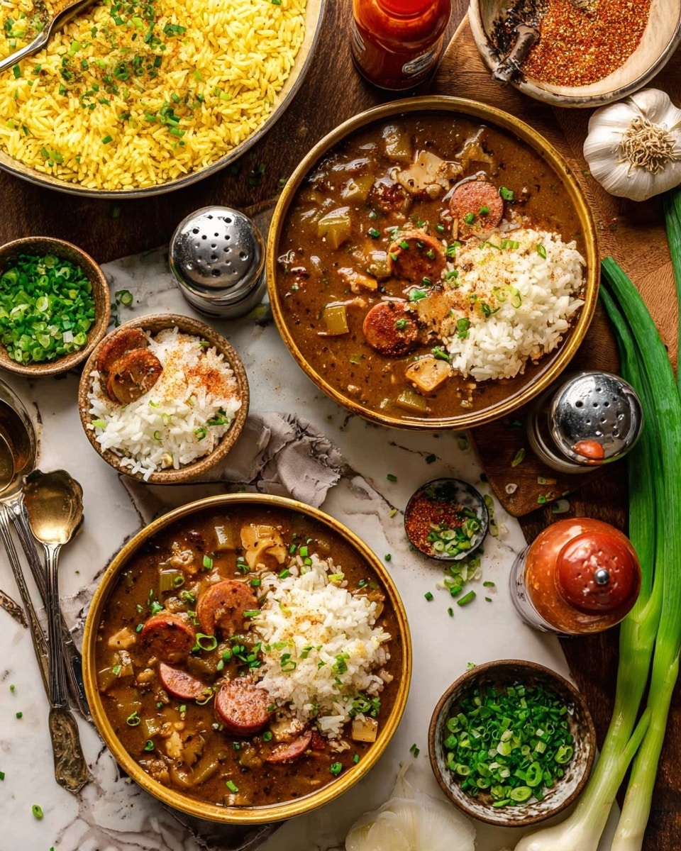 The image shows two bowls of rich, brown gumbo with visible pieces of sausage and chicken, topped with chopped green onions. Each bowl has a scoop of white rice placed on top or to the side, with the rice showing a slightly fluffy texture. The gumbo appears thick with a glossy surface and sprinkled with small bits of herbs. There is an additional bowl filled entirely with yellow rice garnished with green herbs. Surrounding the bowls are small dishes holding finely chopped green herbs and a reddish spice mix, with fresh whole green onions and a bulb of garlic placed on a white marbled surface. A metal tray holds salt, pepper shakers, metal spoons, and a red hot sauce bottle. The setup rests on a white marbled background with warm brown tones from the wooden elements beneath. photo taken with an iphone --ar 4:5 --v 7