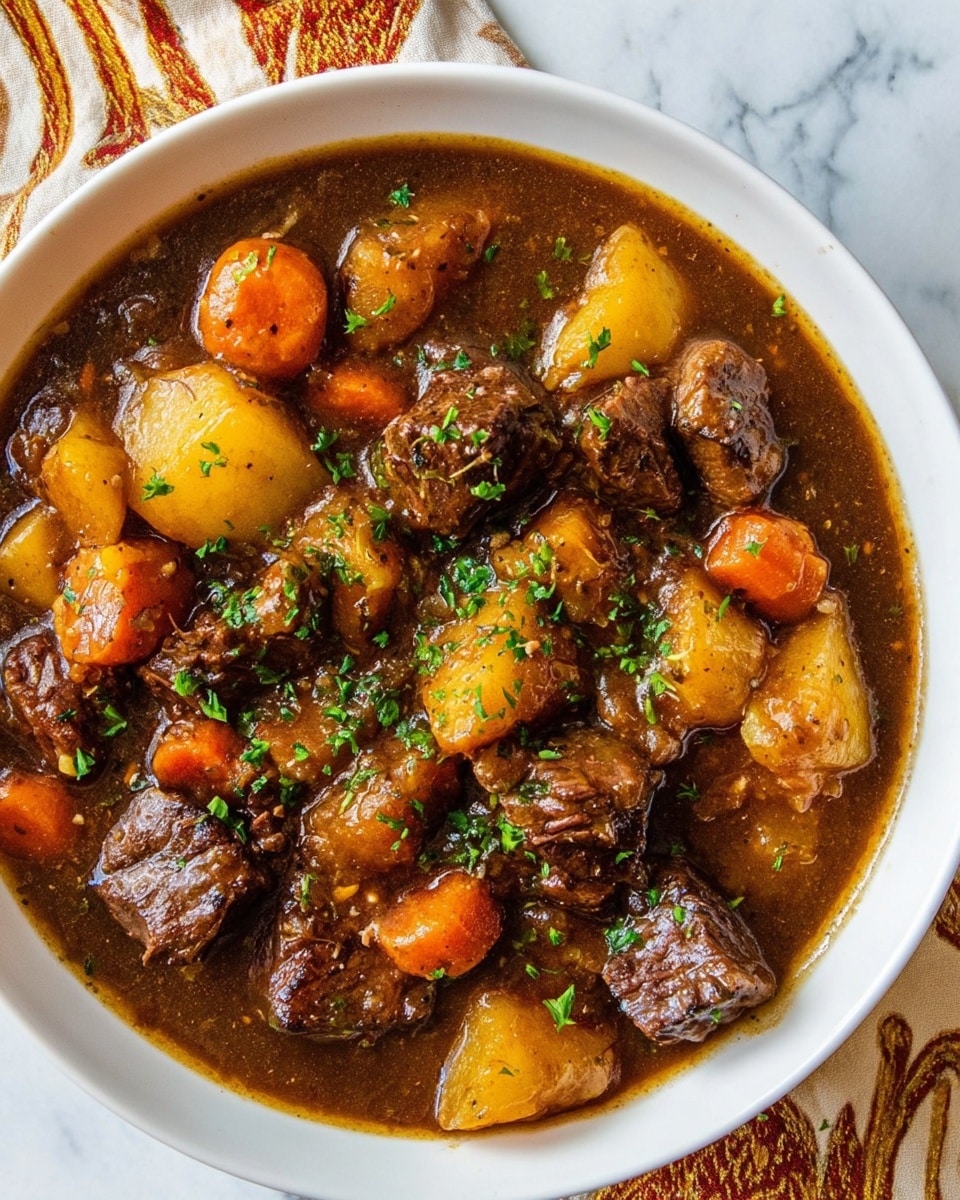 A white bowl filled with chunky beef stew is shown, with a thick brown broth covering pieces of tender beef, golden potatoes, and bright orange carrot slices. The stew is garnished with small bits of green parsley scattered on top. A silver ladle scoops up some of the stew, showing the juicy chunks of meat and vegetables up close. In the background, a piece of crusty bread rests on a round wooden board over a white marbled surface. The bowl is placed on a patterned cloth with pale green and brown spots. photo taken with an iphone --ar 4:5 --v 7