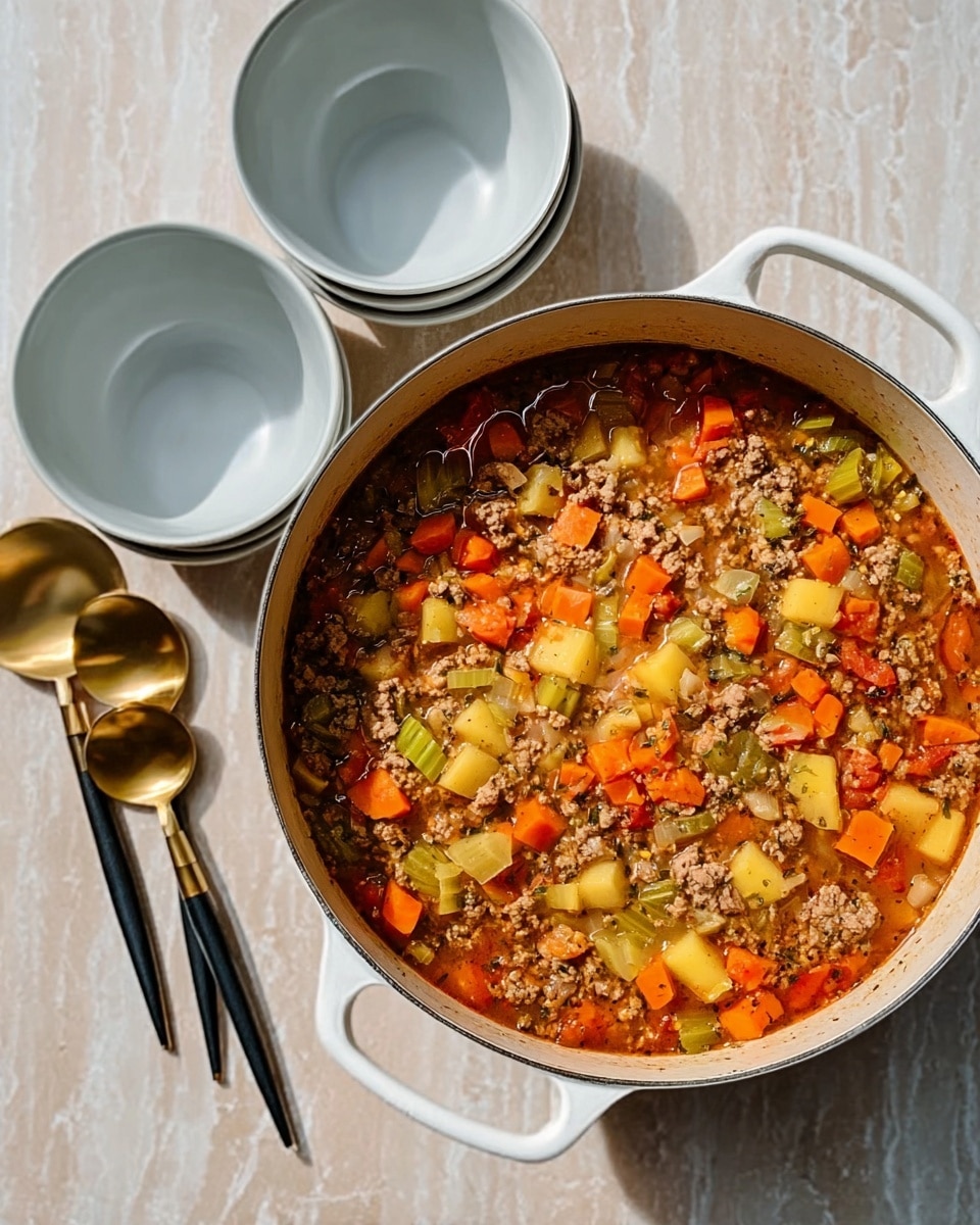 The image shows a white bowl filled with a thick soup made of small grains, orange carrot pieces, green herbs, and chunks of beige chicken. The soup has a rich broth with visible bits of vegetables and meat, creating a colorful and textured look. A spoon rests inside the bowl, and the bowl is placed on a white marbled surface next to a toasted round bread. The overall scene is bright with natural light. Photo taken with an iphone --ar 4:5 --v 7