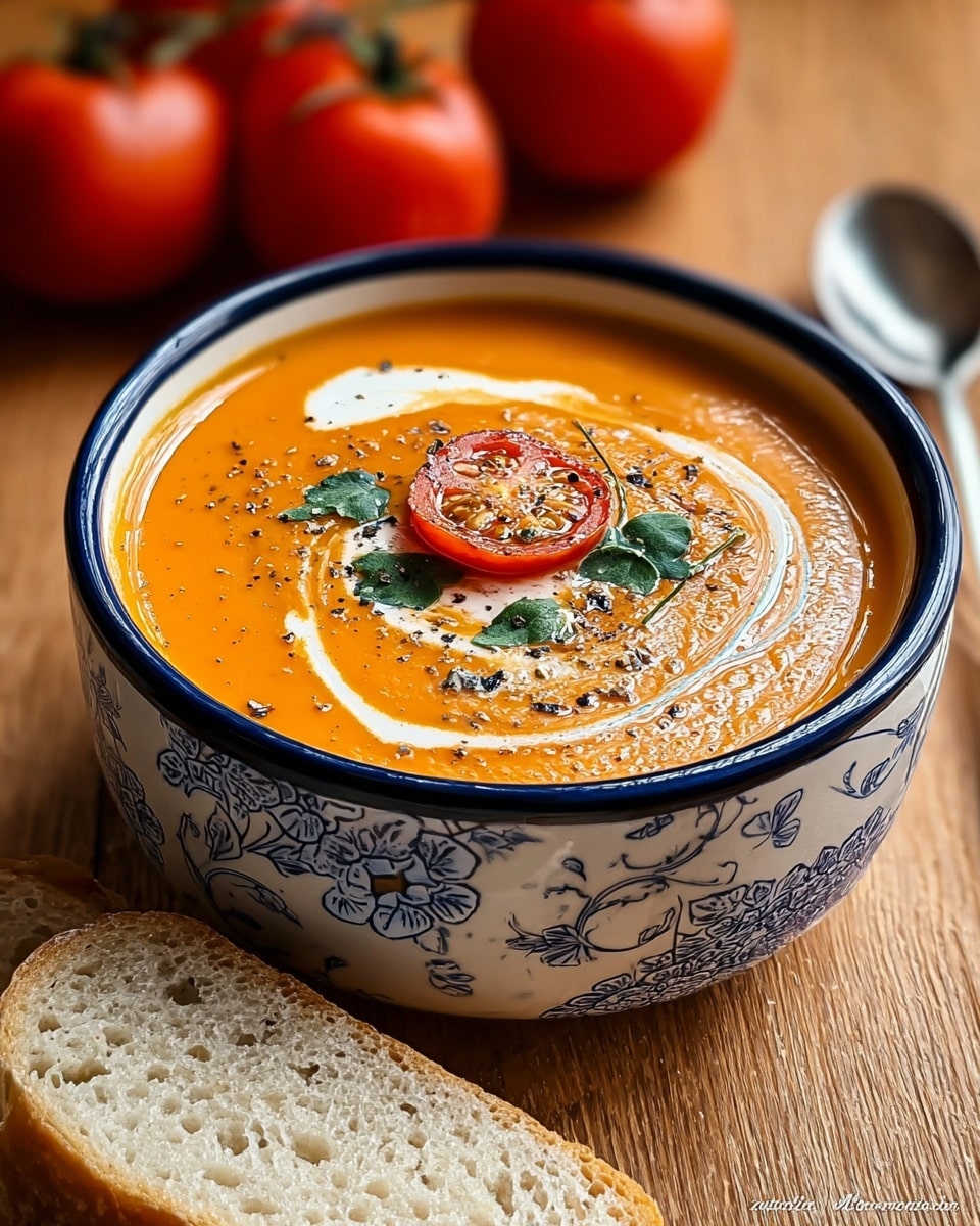 A bowl filled with smooth, thick orange soup, garnished on top with a swirl of white cream, a halved roasted tomato, green herb leaves, and a sprinkle of black pepper. The soup is served in a white bowl with a blue floral pattern around the sides and a dark rim. Next to the bowl, there is a slice of light brown crusty bread with a soft, porous inside. The bowl and the bread rest on a wooden surface with two whole tomatoes blurred in the background. Photo taken with an iphone --ar 4:5 --v 7