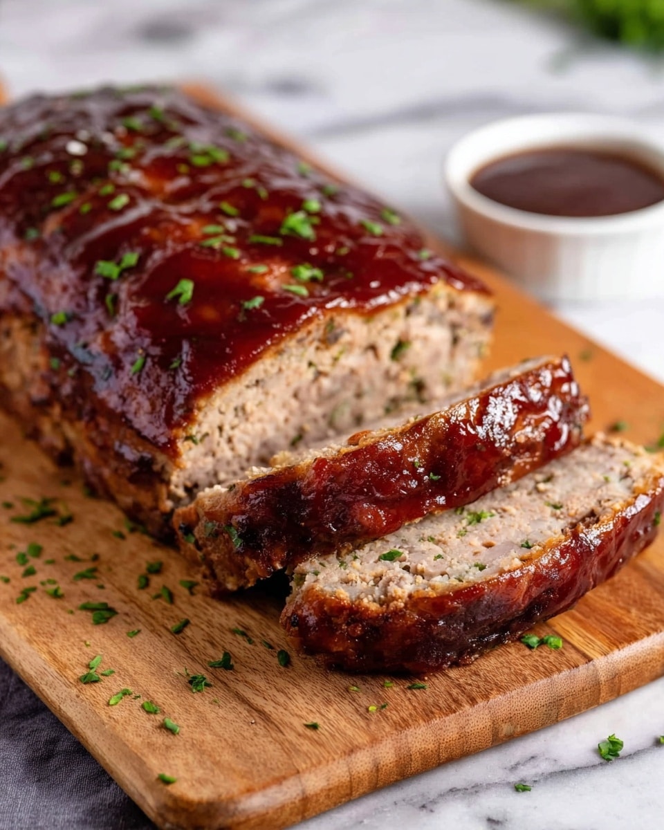 A sliced meatloaf sits on a wooden cutting board, showing a shiny, dark brown glazed top layer with a slightly crispy texture. The inside layer is light brown with visible bits of green herbs scattered throughout, giving it a moist and tender look. Small pieces of chopped green herbs are sprinkled on and around the cutting board for decoration. In the background, there is a small white bowl filled with dark brown sauce, slightly out of focus, resting on a white marbled surface. photo taken with an iphone --ar 4:5 --v 7