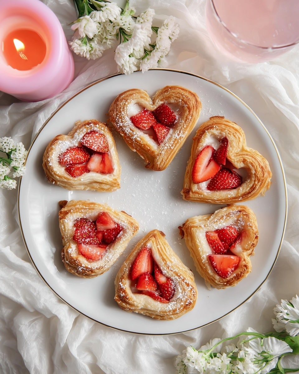 The image shows multiple heart-shaped pastries arranged on a white marbled texture surface. Each pastry has two layers: a golden-brown flaky crust that forms the heart shape, and two bright red strawberry slices placed in the middle, following the heart's upper curves. The pastries are dusted with a light layer of white powdered sugar, adding a soft, delicate texture on top. Crumbs and small flakes from the pastry are scattered around, giving a fresh-baked look. The overall scene feels warm and inviting with a close-up view highlighting the details of the flaky crust and juicy strawberries. photo taken with an iphone --ar 4:5 --v 7
