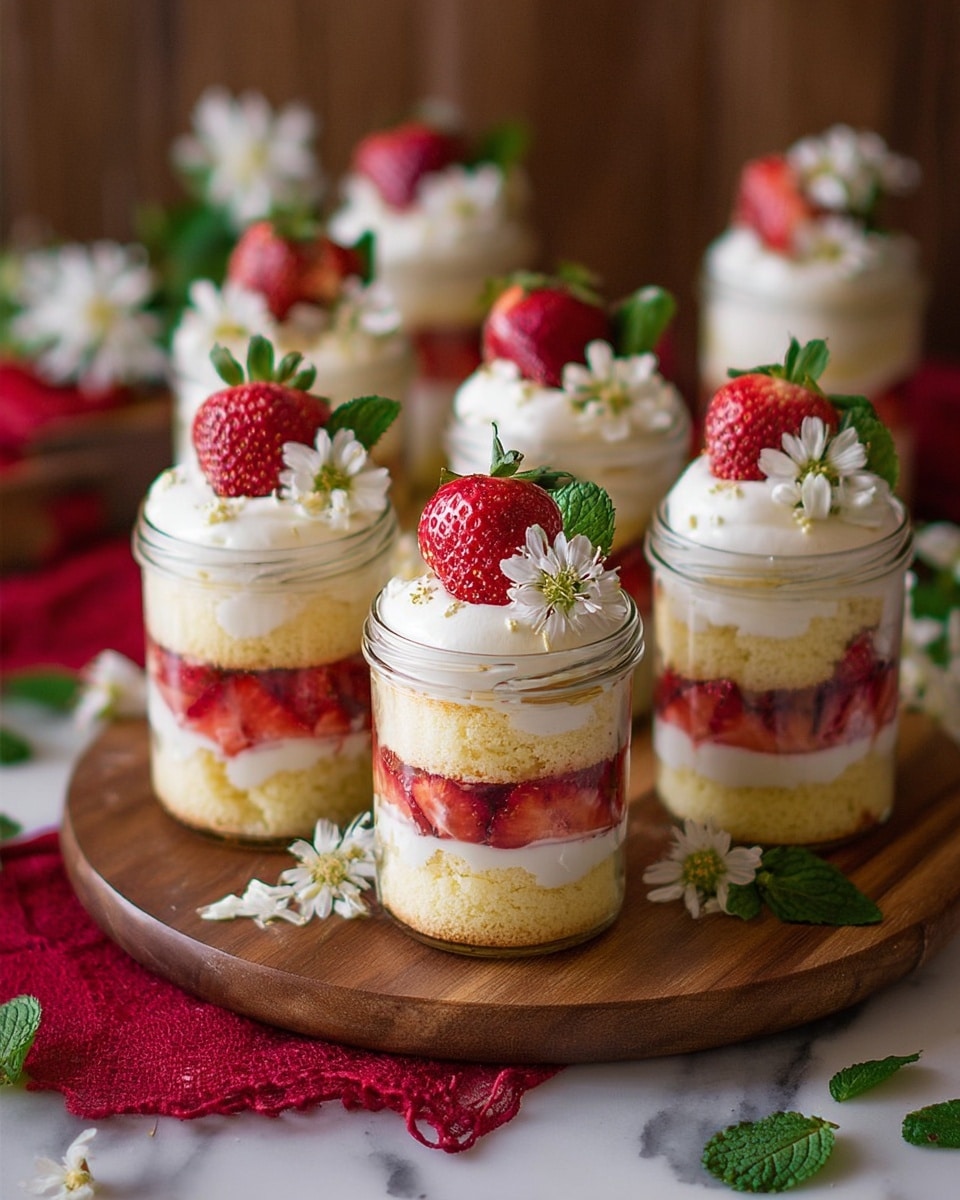 The image shows six glass jars filled with a layered strawberry shortcake dessert, placed on a white marbled surface. Each jar has four visible layers, starting from the bottom with a yellow sponge cake, followed by a layer of sliced red strawberries, then a thick white cream layer, and topped with another layer of sponge cake. Above the top sponge cake is a swirl of white whipped cream, garnished with a whole bright red strawberry, fresh green mint leaves, and small white edible flowers. The jars are arranged close together, with a woman's hand reaching towards one jar. The background includes more small white flowers and a deep red cloth. photo taken with an iphone --ar 4:5 --v 7