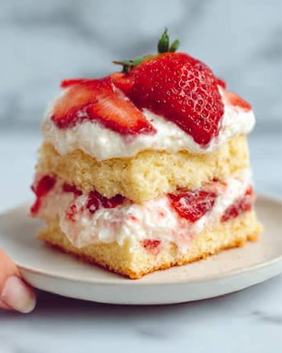 The image shows a two-layer shortcake dessert on a simple white plate. The bottom layer is a light yellow biscuit with a soft, crumbly texture. On top of this is a layer of white whipped cream mixed with small pieces of red strawberries. The second biscuit layer sits on top, slightly smaller in height but similar in color and texture. The top is covered with more white whipped cream and fresh red strawberry slices arranged over it. The background has a white marbled texture. A woman's hand slightly touches the side of the plate. Photo taken with an iphone --ar 4:5 --v 7
