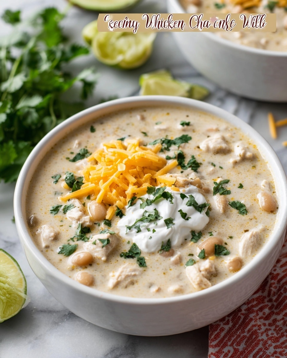 A close-up of a bowl filled with creamy white chicken chili, showing a thick off-white base with chunks of light brown chicken mixed throughout. On top, there is a small pile of bright yellow shredded cheese and a dollop of white sour cream, garnished with scattered green cilantro leaves. The bowl is white and sits on a white marbled surface, with some lime wedges and extra cilantro leaves visible around. The texture looks rich and smooth with soft chicken pieces. Photo taken with an iphone --ar 4:5 --v 7