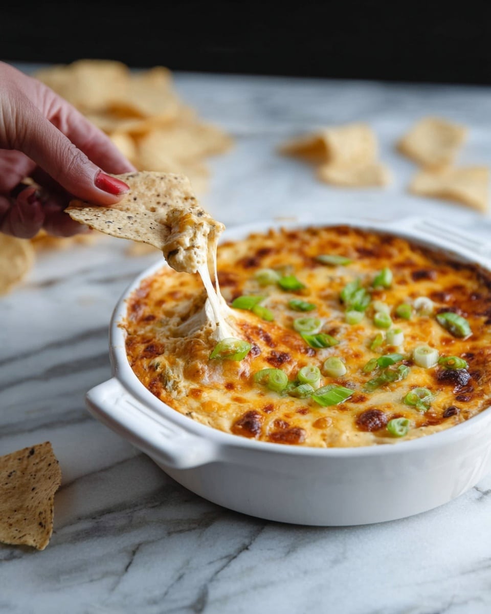 A white oval dish filled with a baked dip that has a golden-brown melted cheese layer on top, sprinkled with chopped green onions. The cheese layer is bubbly with browned spots, showing a mix of creamy white and orange hues. Around the dish, there are many triangular tortilla chips in beige and dark purple colors scattered on a dark surface. The contrast between the warm dip and the crunchy chips is clear. photo taken with an iphone --ar 4:5 --v 7