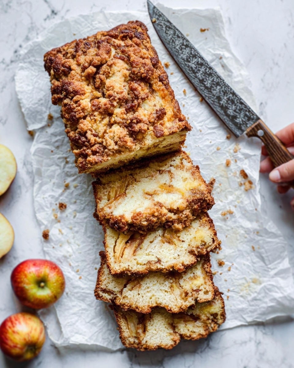 The image shows a loaf of baked bread with a crunchy, golden-brown top crust covered in crumbly pieces. The loaf is placed on white parchment paper with four thick slices cut from it, laid overlapping in front of the main loaf. The inside of the slices is soft and pale with visible bits of fruit or nuts creating small specks of brown and yellow. A sharp knife with an etched blade lies behind the loaf, and a woman's hand holding the knife is partially visible. The whole setup is on a white marbled surface with a few small apples around the edges, adding a touch of color. Photo taken with an iphone --ar 4:5 --v 7