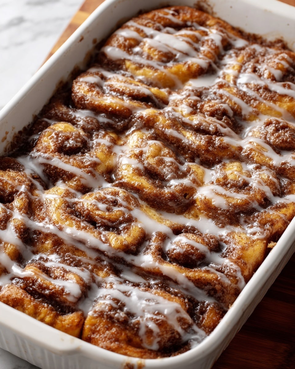 A close-up shot shows a cut piece of a cinnamon apple cake being lifted from a white baking dish, held by a metal spatula. The cake has three visible layers: a bottom layer of moist golden-brown cake with bits of apple embedded in it, a middle layer of cinnamon sugar creating a speckled texture, and a top layer dripping with white glaze and cinnamon powder, adding a glossy look. The cake is set on a white marbled surface, with a blurred background of warm lights creating a cozy atmosphere. photo taken with an iphone --ar 4:5 --v 7