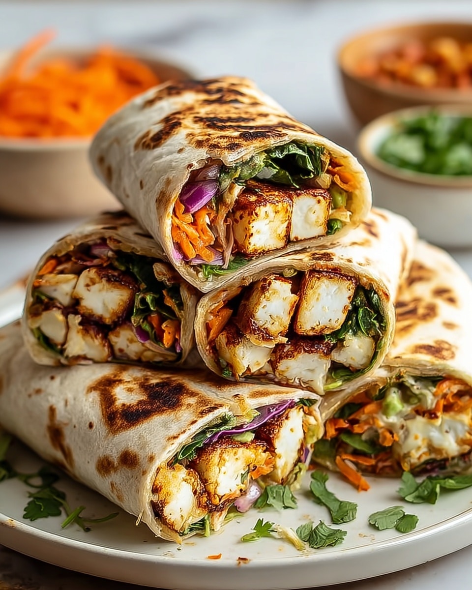Four grilled wraps are stacked on a round white plate on a white marbled surface. Each wrap has a light golden-brown toasted tortilla with darker char marks on top. Inside, there are pieces of grilled paneer that are white with a browned crust, mixed with green leafy vegetables, orange shredded carrots, some purple onion slices, and light-colored cooked onions. The wraps are cut in half, showing these colorful layers in each piece. Some green leafy herbs are scattered around the plate. In the background, there are blurry bowls of orange shredded carrots and greens. Photo taken with an iphone --ar 4:5 --v 7