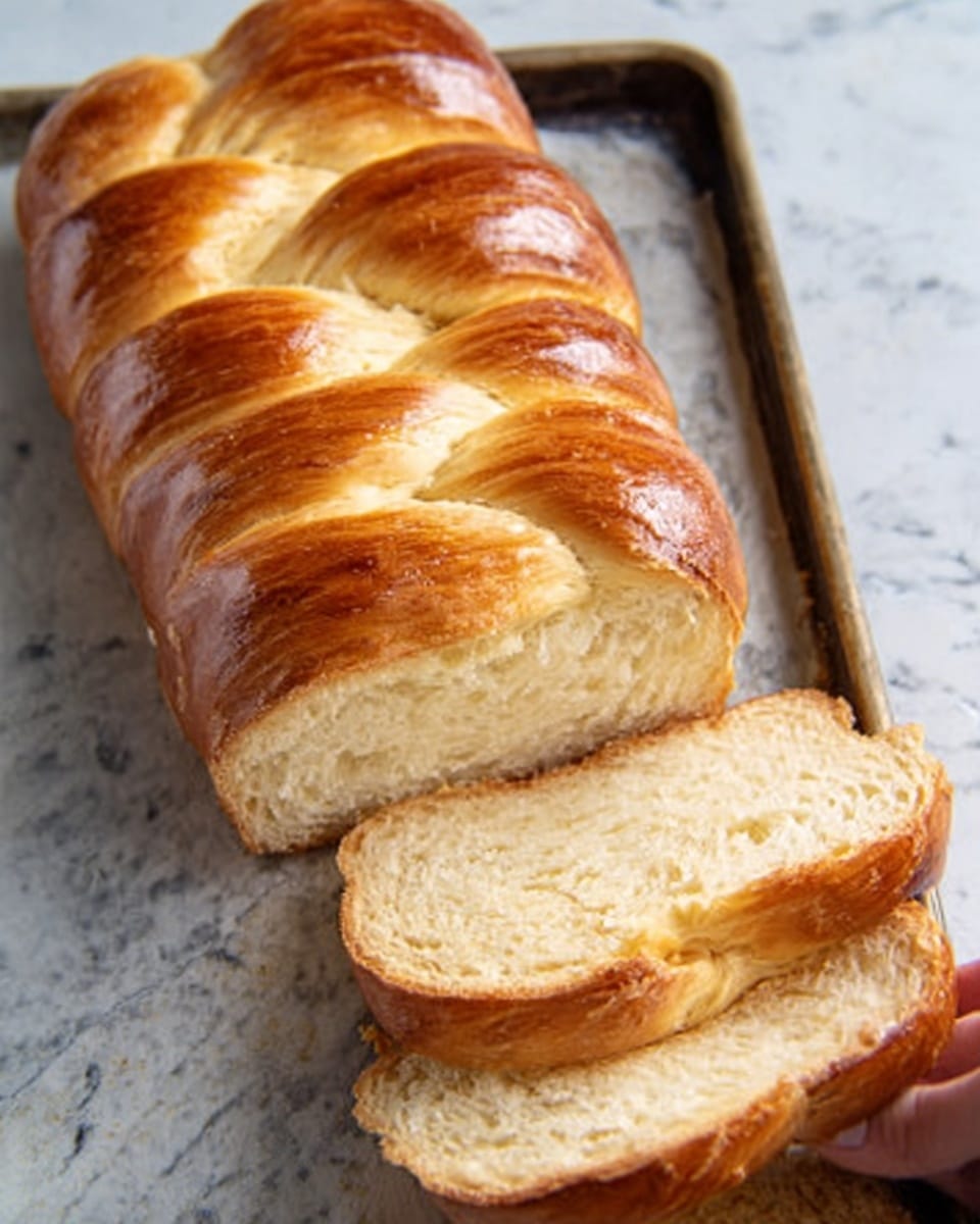 A loaf of golden brown braided bread is placed on a baking tray with a white marbled textured surface underneath. The bread has a shiny, smooth crust with a slightly darker top layer, showing three main braided sections forming the loaf. Three slices have been cut from one end, each slice showing a soft, light beige inside with a fluffy texture. A woman's hand is gently holding one of the slices, lifting it slightly from the tray. Photo taken with an iphone --ar 4:5 --v 7