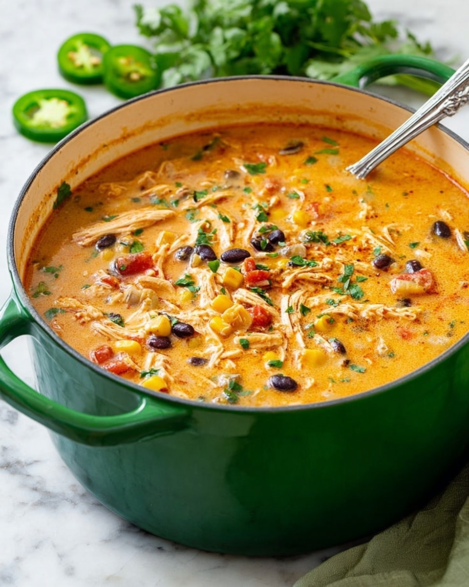 A large green pot filled with creamy orange soup that has visible layers of shredded white chicken pieces, black beans, yellow corn kernels, and small diced red tomatoes floating throughout. The soup surface is sprinkled with finely chopped green herbs and bits of spices. A silver ladle is partially submerged on the right side of the pot, resting against the edge. The pot sits on a white marbled surface with some fresh green jalapeño slices nearby and blurred green herbs in the background. photo taken with an iphone --ar 4:5 --v 7