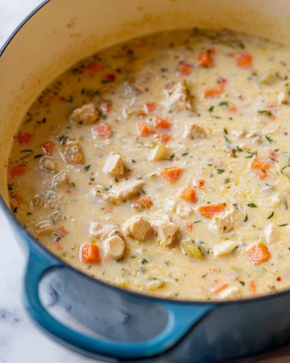 A close-up view of a thick, creamy soup in a white pot with a blue handle, showing multiple layers of small, colorful vegetable and meat pieces. The base layer is a smooth, pale yellow creamy broth, speckled with small green herbs, with orange carrot cubes and light green celery pieces scattered throughout. Small chunks of white meat are embedded evenly, giving texture and depth to the soup. Slightly glossy with a rich consistency, the soup fills most of the pot, and a small bowl with sliced cheese can be seen blurred in the white marbled background. photo taken with an iphone --ar 4:5 --v 7