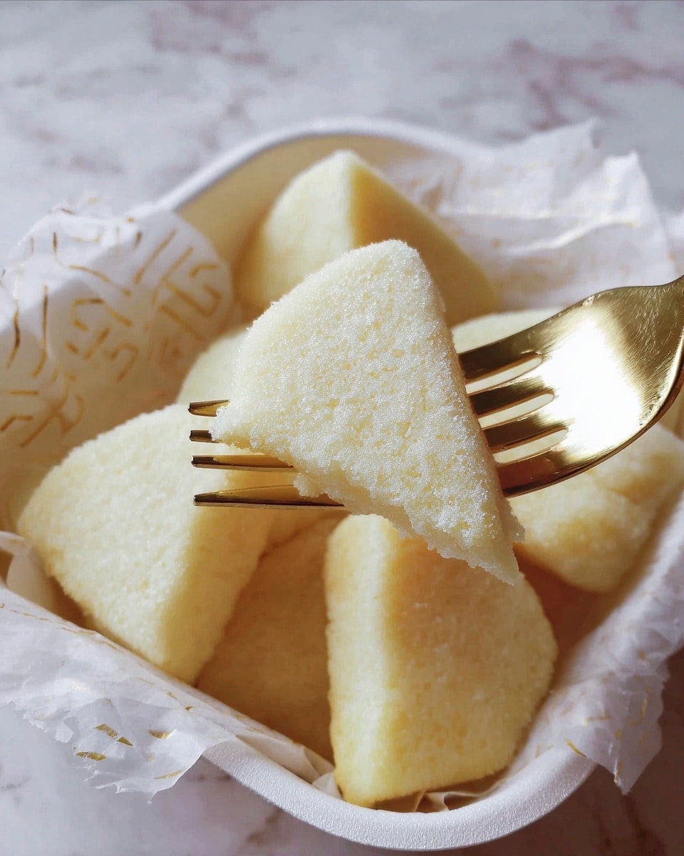 The image shows several pale yellow triangular pieces of soft food with a slightly grainy texture, resting in a white container lined with white and gold paper. One piece is held up in the foreground by a golden fork, clearly displaying its soft and slightly powdery surface. The background features a white marbled texture surface. photo taken with an iphone --ar 4:5 --v 7