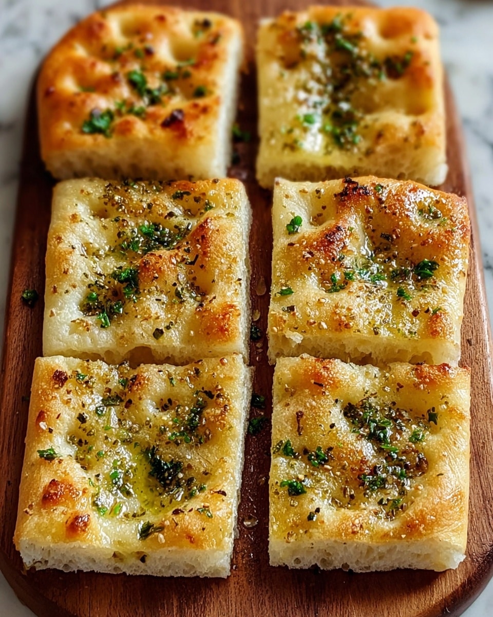 The image shows six square pieces of focaccia bread on a wooden board, each piece with a golden-brown, slightly crispy top layer that has small dimples. The focaccia is topped with a shiny layer of melted butter or oil, sprinkled with chopped green herbs and black pepper, adding specks of green and dark contrast to the light golden surface. The bread base appears soft and fluffy, with a light beige color beneath the topping. The pieces are arranged neatly in two rows on the board, with a white marbled texture visible in the background. photo taken with an iphone --ar 4:5 --v 7