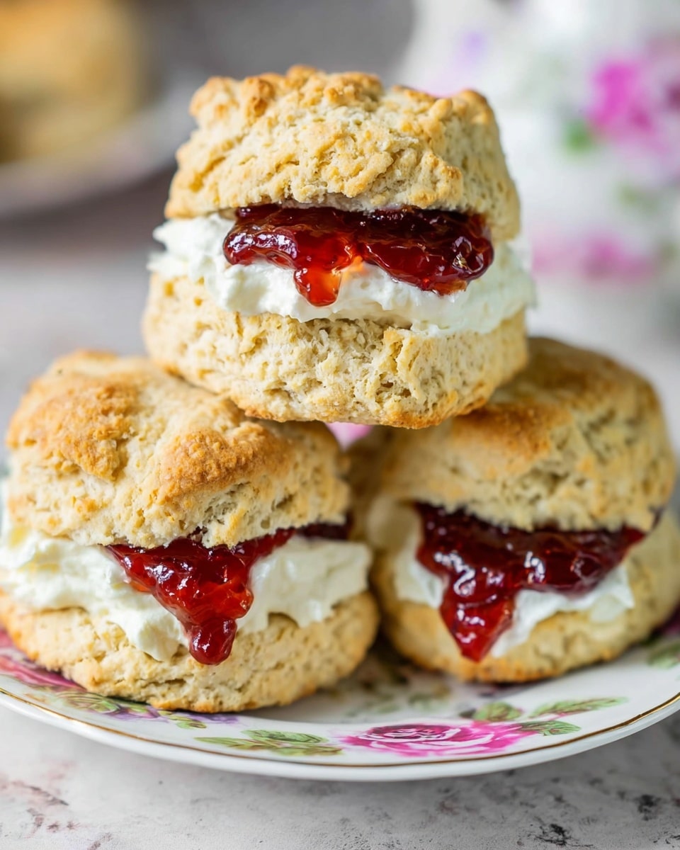 The image shows three scones on a white plate with floral patterns, each scone having two layers of golden-brown biscuit. Between the layers, there is a thick, fluffy white cream layer topped with a bright, glossy red jam that slightly drips out. The scones have a crumbly, textured surface with some cracks on top. The background and surface have a soft white marbled texture with blurred pastel colors visible in the background. photo taken with an iphone --ar 4:5 --v 7