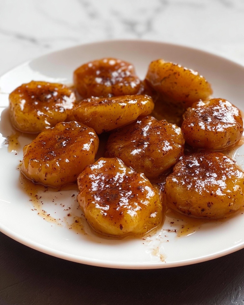 On a white plate with a smooth rim, nine small round pieces of food are arranged mostly in rows. Each piece is golden brown with a sticky, shiny glaze of syrup covering it, making them look wet and sticky. Dark brown specks of spice, likely cinnamon or pepper, are seen sprinkled on the surface of each piece. The texture of the pieces looks soft and slightly bumpy, with some pieces having small folds or dents. The plate is near the edge of a white marbled surface, with some syrup spilled slightly around the pieces, catching the light. photo taken with an iphone --ar 4:5 --v 7