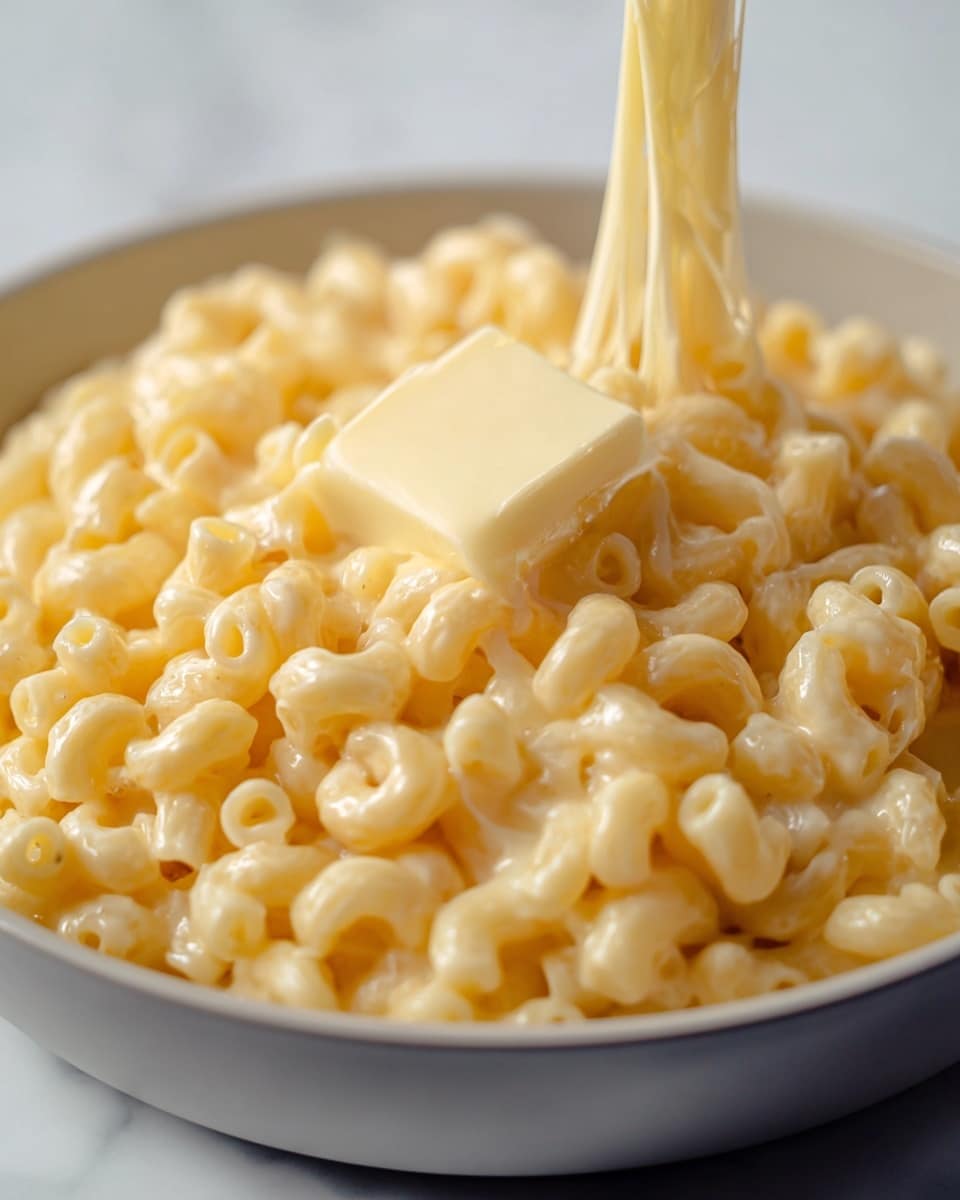 A close-up of creamy macaroni and cheese served in a white bowl, with small tube-shaped pasta coated in a smooth, light yellow cheese sauce. In the center, a neat square of butter rests atop the pasta, slowly melting into the warm cheese. The pasta is piled high with a portion lifted, showing the shiny, thick texture of cheese clinging to the noodles. The background is a white marbled texture, adding a clean and bright feel to the image. Photo taken with an iphone --ar 4:5 --v 7
