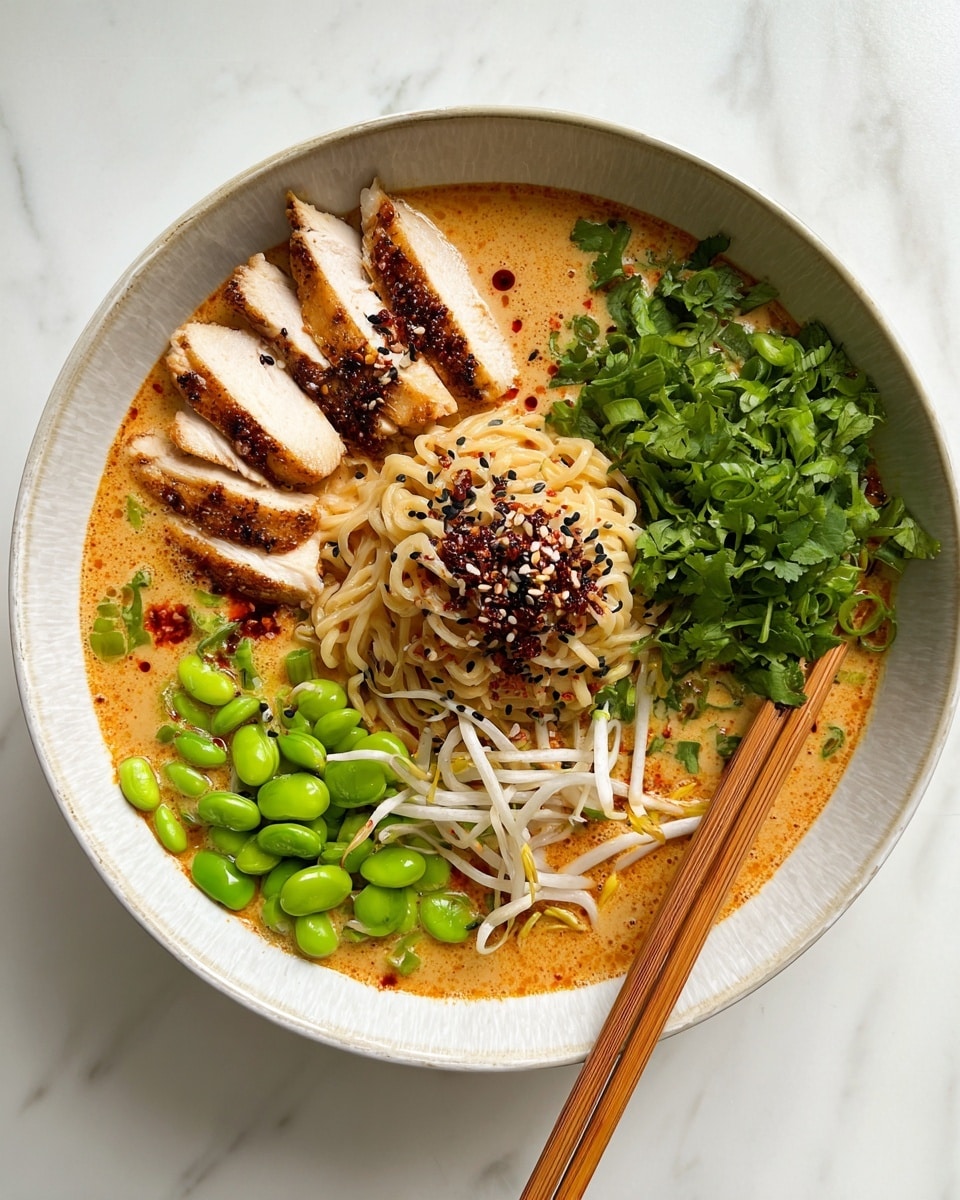 A bowl of creamy orange broth fills the bottom, topped with five slices of golden-brown cooked chicken arranged in a curved row on the upper left side. To the right of the chicken is a pile of fresh green cilantro leaves, and next to it, a cluster of white bean sprouts. In the center, there is a nest of light yellow noodles twisted together, sprinkled with small pieces of red chili flakes and black sesame seeds. On the lower left side, bright green edamame beans and chopped green onions are placed near the edge. Dark wooden chopsticks rest on the upper right edge of the bowl. The bowl is white with a textured light beige pattern, set on a white marbled surface. photo taken with an iphone --ar 4:5 --v 7