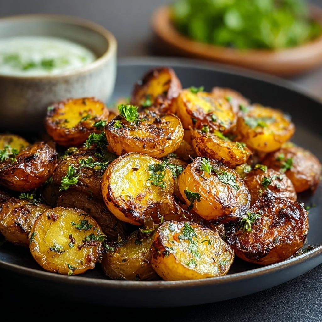 In a deep white bowl, there is one layer of roasted baby potato halves with golden brown crispy edges and a slightly soft, light yellow inside. The potatoes are sprinkled with finely chopped green herbs, adding small hints of green color that contrast with the rich golden and dark brown tones. The surface of the potatoes shows a shiny, slightly oily texture with some black pepper and seasoning specks spread evenly. The white marbled background adds a clean and fresh look to the close-up shot. photo taken with an iphone --ar 4:5 --v 7
