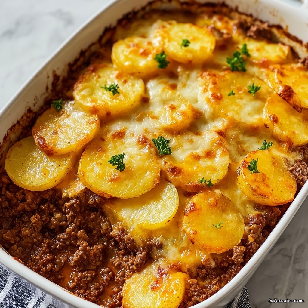 The image shows a baked dish in a white oval ceramic dish. The dish has one main layer of sliced yellow potatoes, evenly spread on top, with a golden slightly crispy texture around the edges. Below the potatoes, there is a thick layer of cooked ground meat that looks brown and crumbly. The top is covered with melted cheese, golden and bubbly, with some browned spots. Small green parsley leaves are scattered on top for garnish. The background is a white marbled surface. photo taken with an iphone --ar 4:5 --v 7