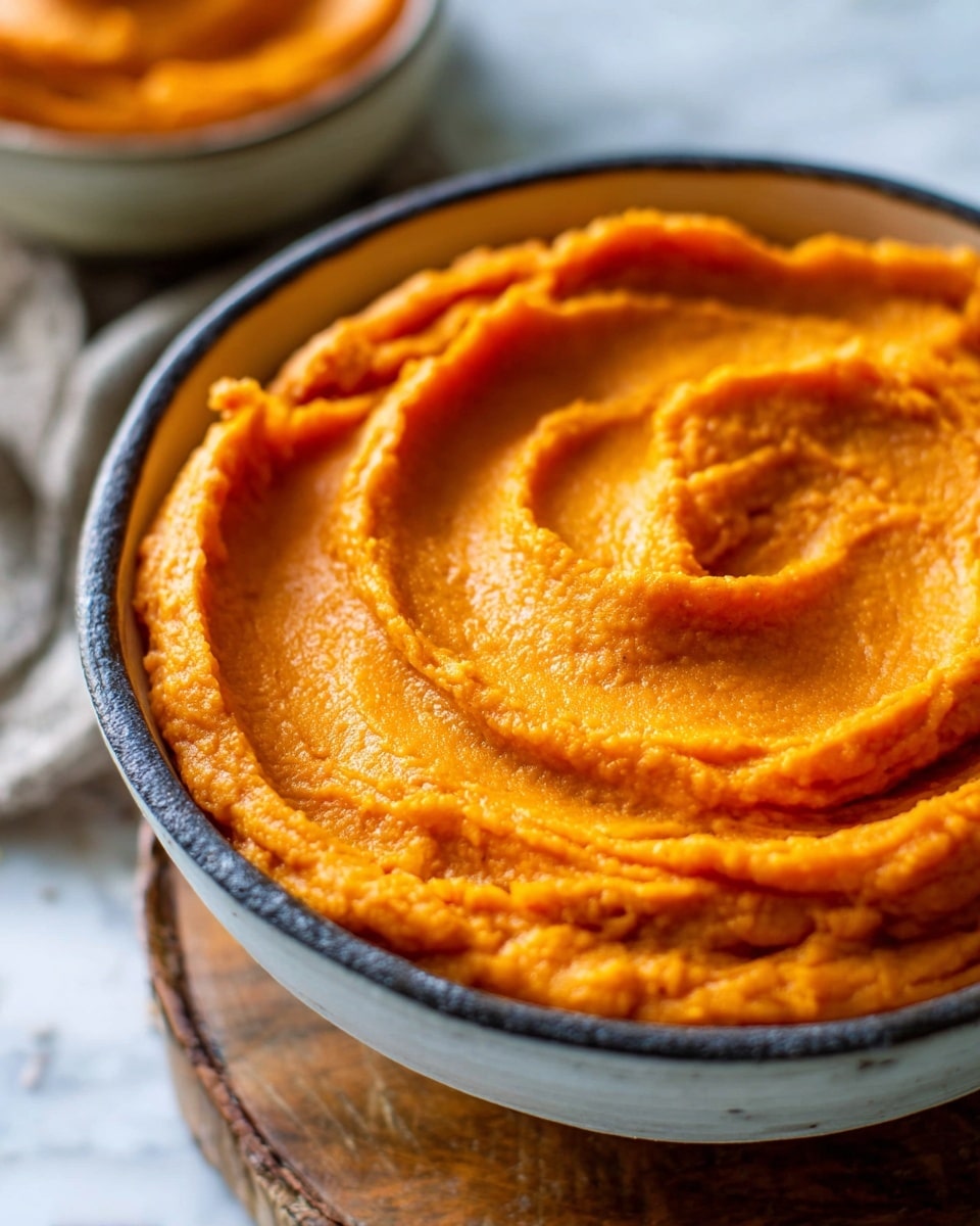 The image shows a close-up of smooth, creamy mashed sweet potatoes in a white bowl with a dark rim, revealing a vibrant deep orange color. The mashed sweet potatoes have a thick, slightly textured surface with curved swirls showing the movement of a utensil, creating layers of ridges and valleys. The bowl sits on a wooden surface with another blurred bowl in the background, all placed on a white marbled texture that adds soft contrast. photo taken with an iphone --ar 4:5 --v 7