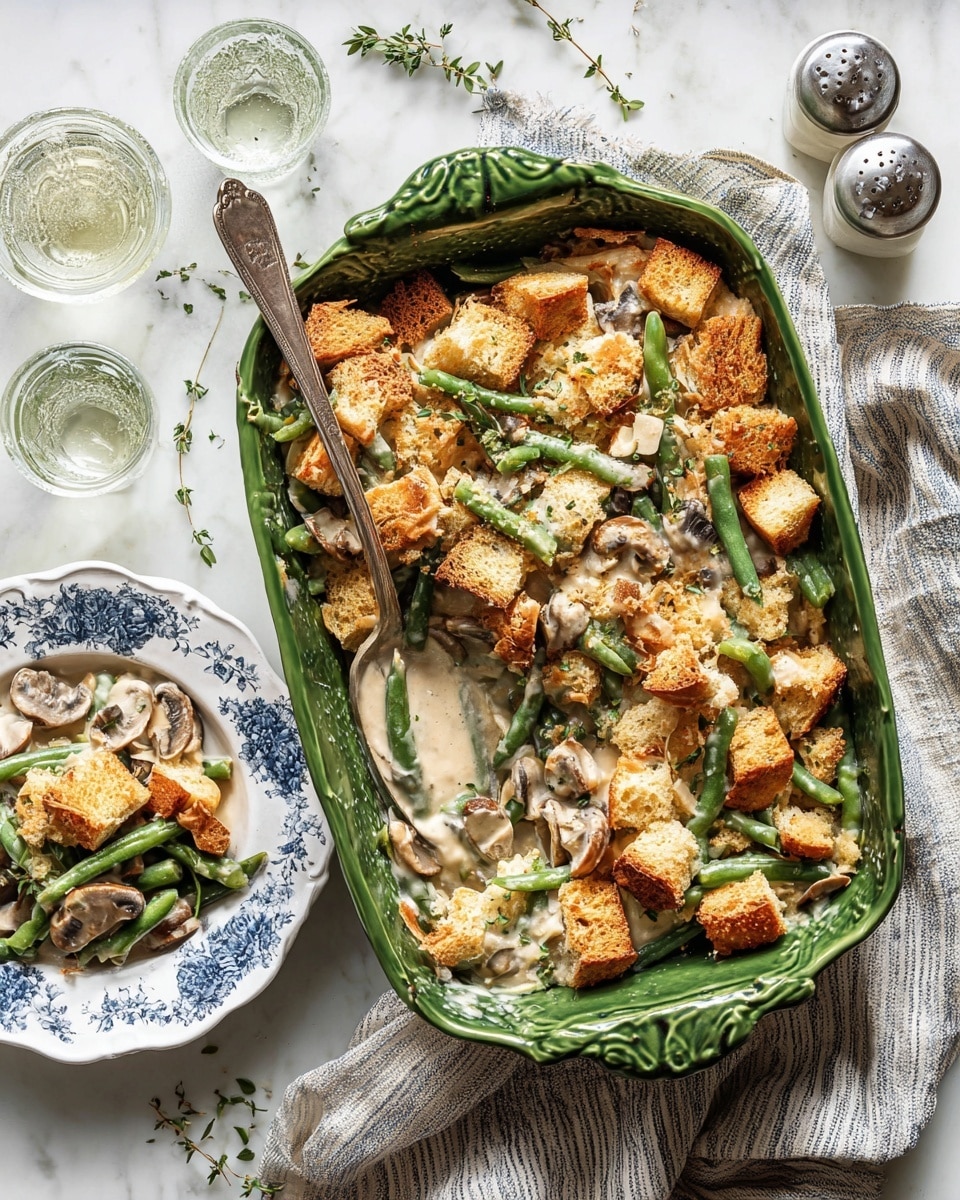 A green baking dish filled with a creamy green bean casserole is shown from above. The bottom layer consists of green beans, visible as long, bright green pieces. Mixed in are sliced mushrooms coated in a light cream sauce, adding shades of white and beige. The entire dish is topped with large, golden-brown croutons that have a rough texture and uneven shapes. A silver serving fork is positioned in the dish, lifting a mix of green beans, mushrooms, and croutons. Next to the dish on a white marbled surface is a white plate with blue floral design, holding a serving of the casserole showing the same three layers. Around the scene are scattered small green herb sprigs, a striped cloth, glass salt and pepper shakers, and two clear glasses of ice water. photo taken with an iphone --ar 4:5 --v 7